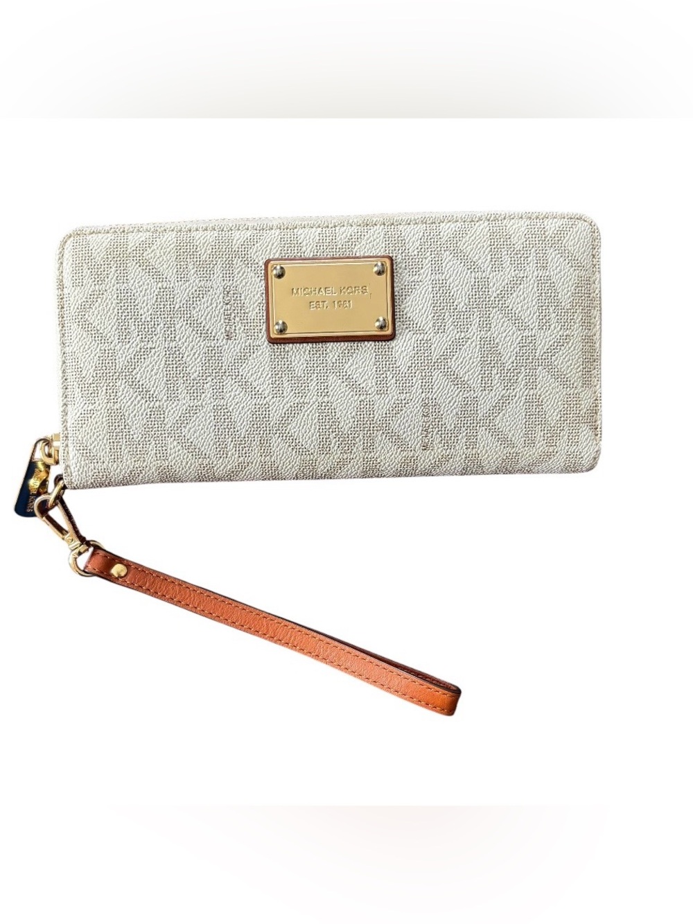 Michael Kors Ivory Cream Logo Wristlet Zip Close Wallet with Brown Interior